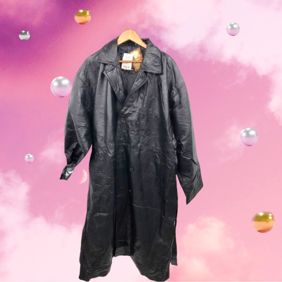 NWT Giovanni Navarre Sz3X Black Leather Trench Coat - Picture 1 of 9